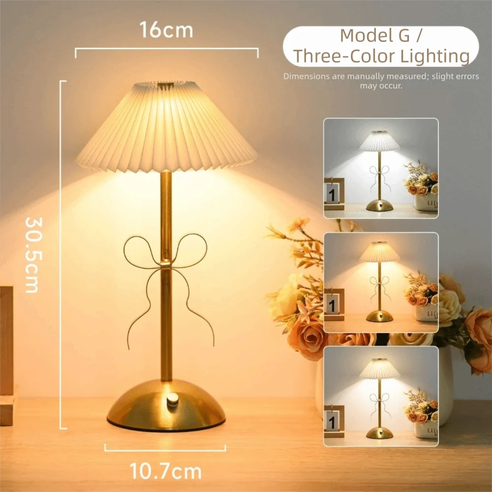 French Style Bow Table Lamp 3-color Changing Luxury Rechargeable Small Lamp Type-C Rechargeable Retro Artistic