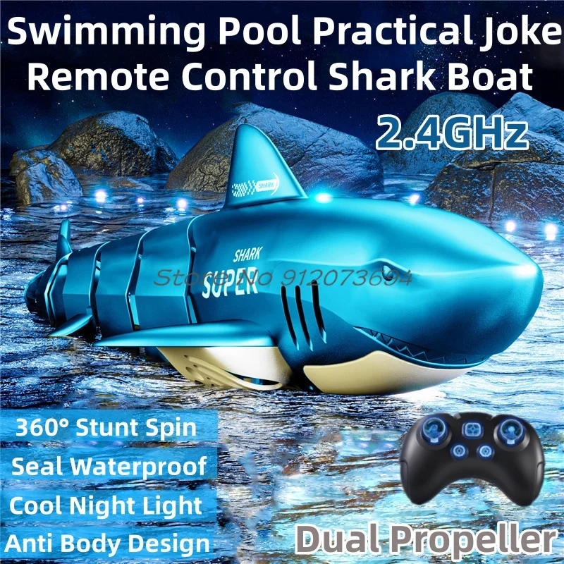 Swimming Pool Prank Remote Control Shark Boat 2.4G Simulation Move Design Strong Power Anti Collision Cool Lighting RC Boat Toy