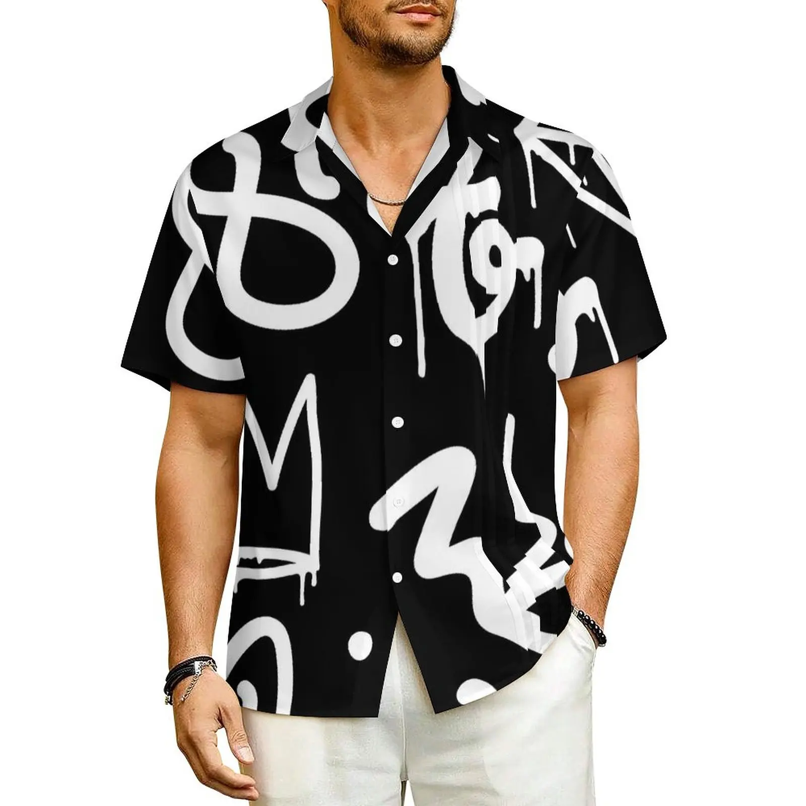 

Black And White Graffiti Casual Shirt Abstract Symbol Loose Hawaii Shirts Men Short Sleeve Beach Comfortable Oversized Blouses