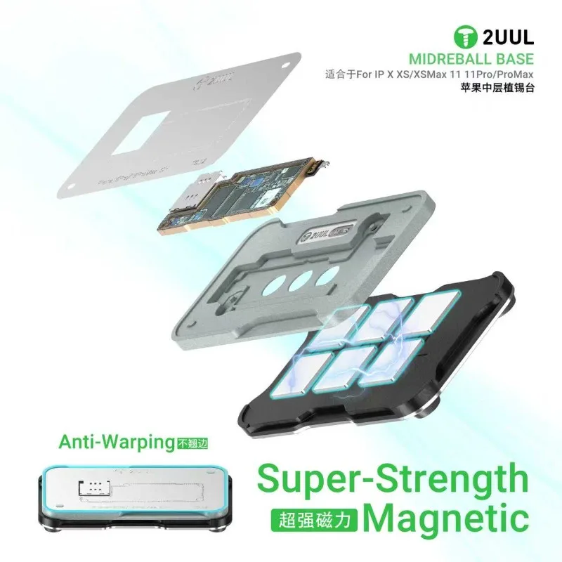 2UUL MIDREBALL BASE Reballing Platform For iPhone X XS XSMax 11 11Pro ProMax Middle Layer Magnetic Holder With Stencils