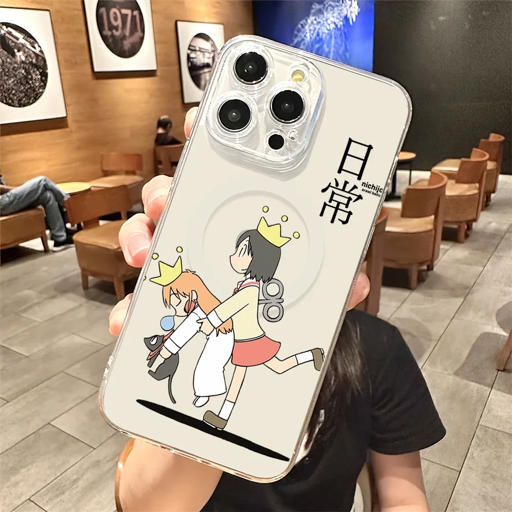 Милый чехол для телефона с изображением аниме N-Nichijou для iPhone Plus 11, 13, 12, 14, 15, 16 Pro Max, прозрачный магнитный беспроводной чехол Magsafe