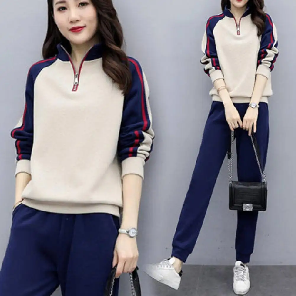 Women Stylish Suit Set Women\'s Color Matching Tracksuit Set with Stand Collar Sweatshirt Elastic Waist Pants for Fall Winter 2