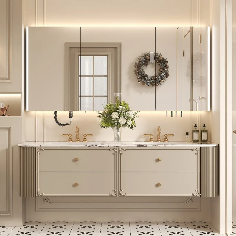 French Luxury Style Wall-Mounted Bathroom Vanity With Ceramic Basin And Smart Mirror Solid Wood Cabinets For Hotel Use