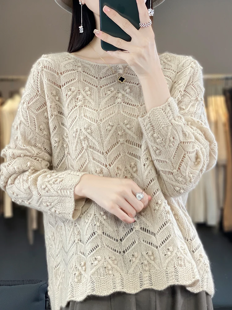 Hollow Out Oversize Women\'s Sweater 100% Merino Wool Pullovers Long Sleeve Jacquard New Light Luxury Cashmere Outerwears Fashion