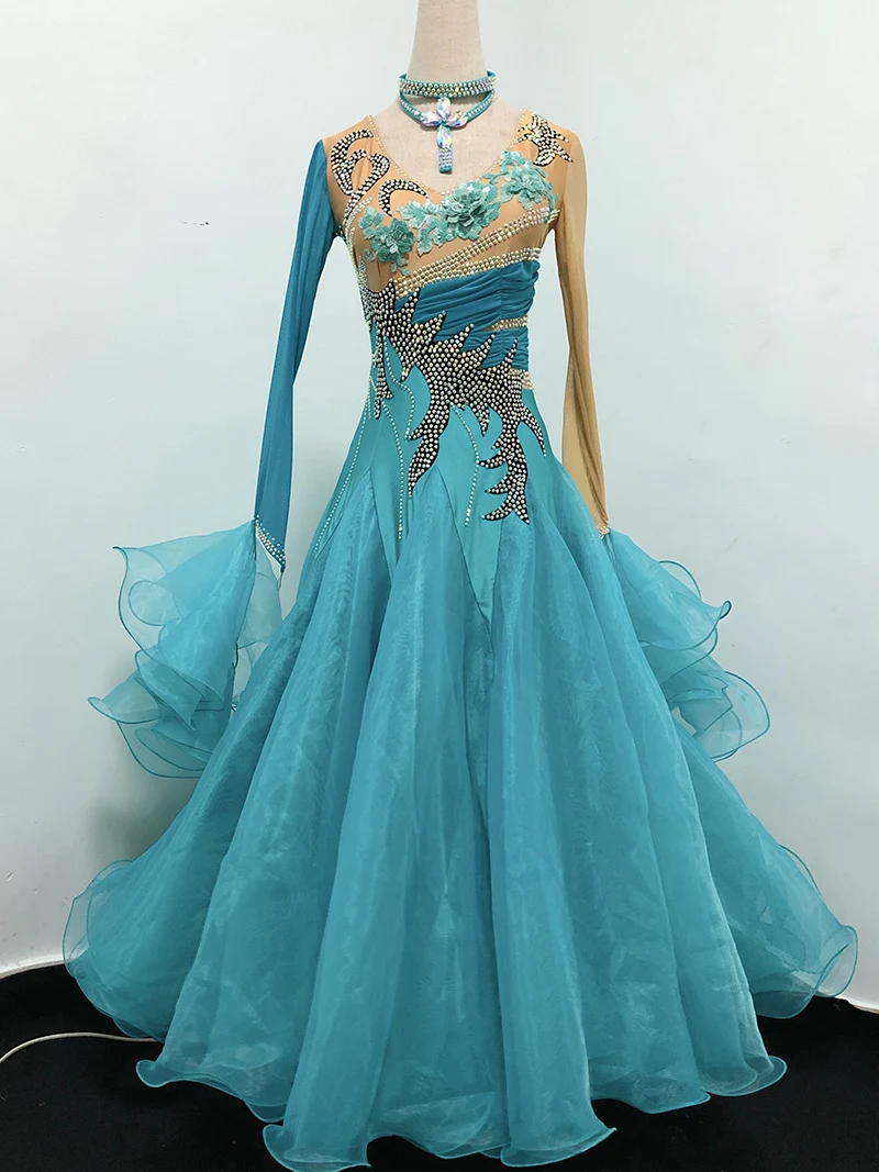 

Adult Advanced Standard Ballroom Dance Dresses High Quality Long Sleeve Blue Waltz Ballroom Competition Dance Dress Women