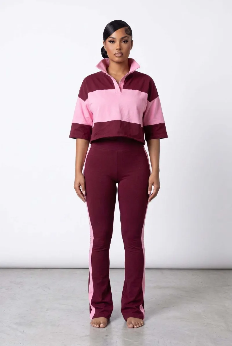Color Block Lapel Cropped Top Side Stripe Flare Pants 2 Piece Casual Outfit For Women