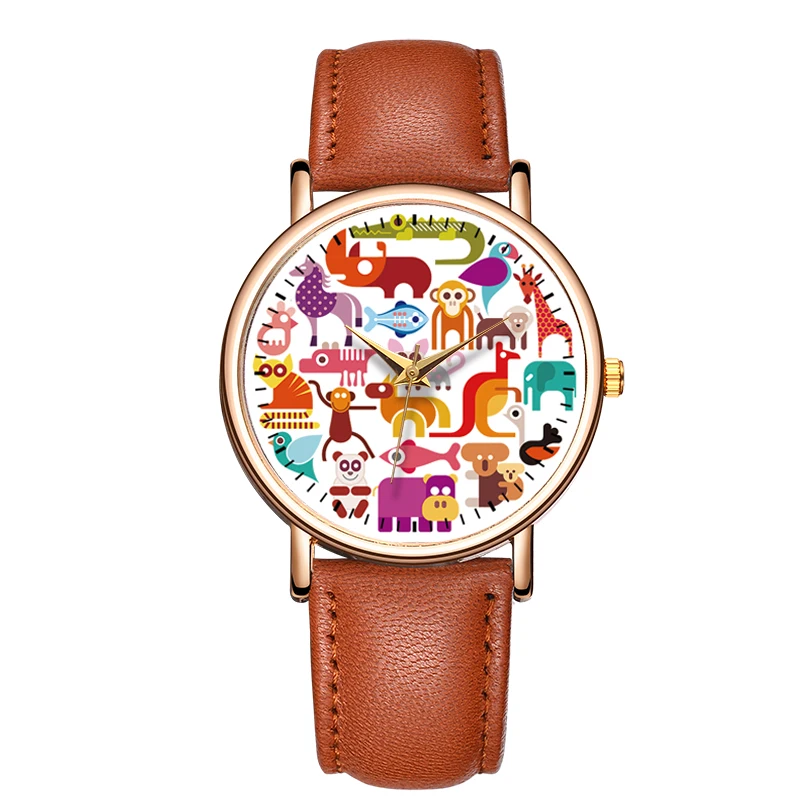 Fashion Women\'s Quartz Watch Color Animal Series Watch Elegant Waterproof Leather Wristwatch Dopamine Color