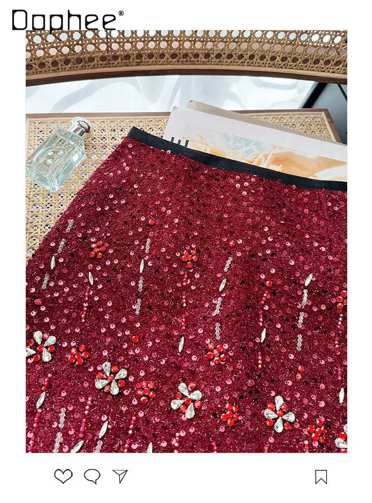 Czerwona spódnica mini z wysokim stanem, zdobiona ciężkimi koralikami, dżetami i cekinami, w kształcie litery A, damska, wiosenna, nowa, modna, wyszczuplająca, z frędzlami.