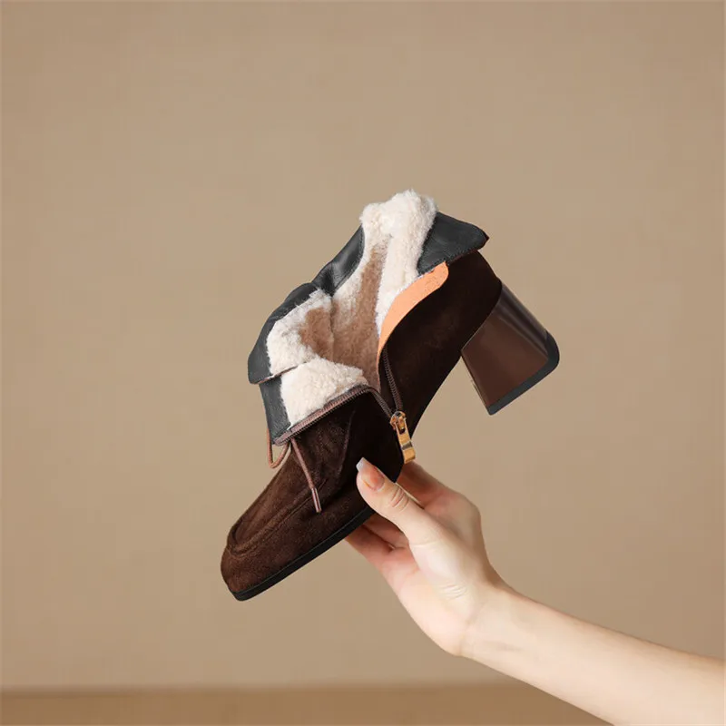 New Autumn Winter Sheep Suede Women Shoes Square Toe Retro Lace Up Short Boots for Women Chunky Heel High Heel Women Boots