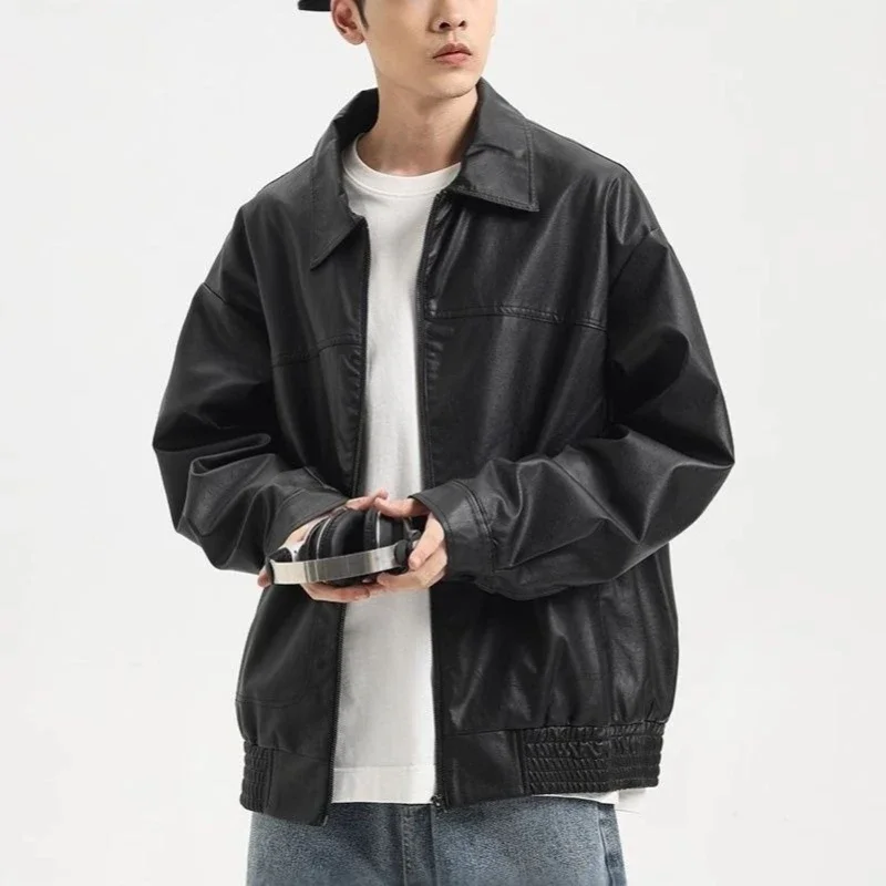 

Badass PU Leather Jacket 2025 Men's Collared Motorcycle Coat for Spring Autumn Casual Wear​
