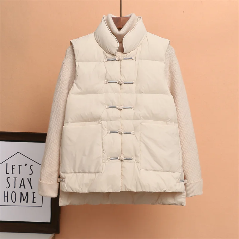 Winter Vintage Frog Bigsize Down Waistcoat Coat Women Light White Duck Down Vest Parkas Ladies Sleeveless Short Warm Tank Jacket