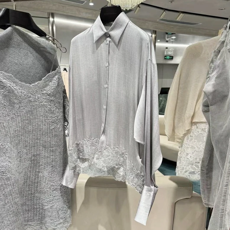 

Moss ey Long Sve Silk irt Vintage Lace Hem Transparent Design Alluring Pearl Luster High-End Women's Faion irt