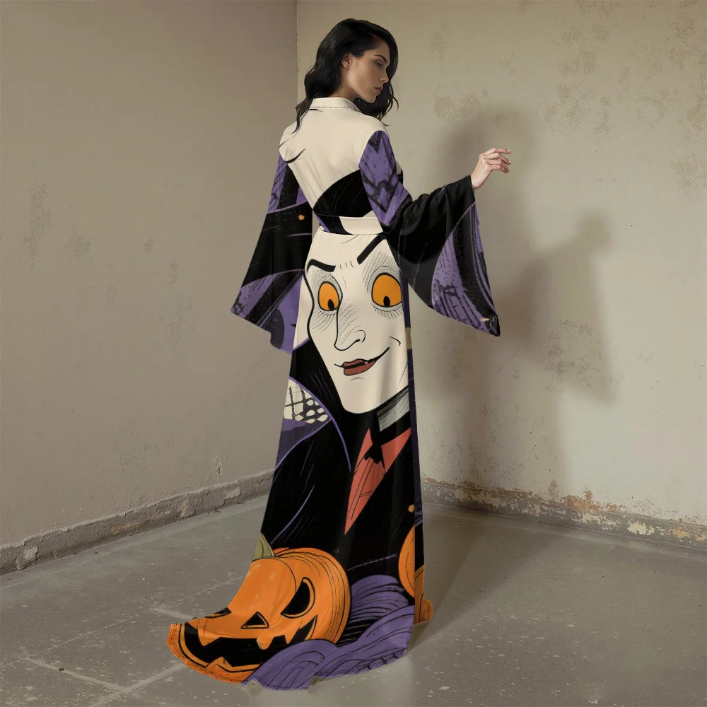 Elegante Fantasy-Robe mit hohem Schlitz für Damen, Gothic-Stil, Partykleidung, Skelett-Halloween-Robe, langärmelig, V-Ausschnitt, lange Robe, Cosplay