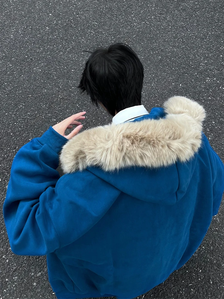 

Синее оверсайз худи из флиса для мужчин, зимнее, свободного кроя, с капюшоном, толстовка, кардиган для пар, с большим меховым воротником, теплое, молодежное, повседневное