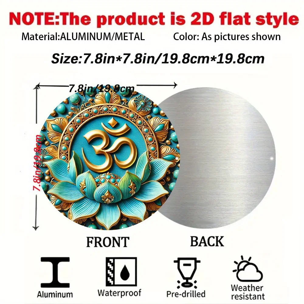 2D Flat, Spiritual Awakening Wall Art - Blue for Lotus & Golden Aluminum Metal Sign, Round Indoor/Outdoor Durable Hanging Decor