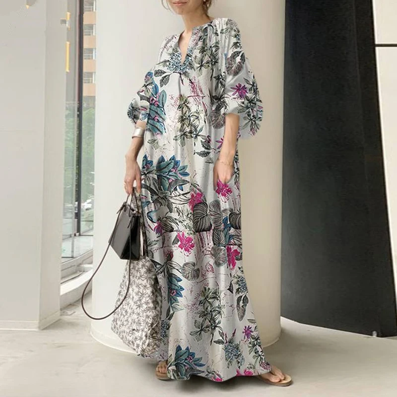 2024 new ladies fashion Chinese style printing V-neck simple cotton hemp loose leisure home long large size dress