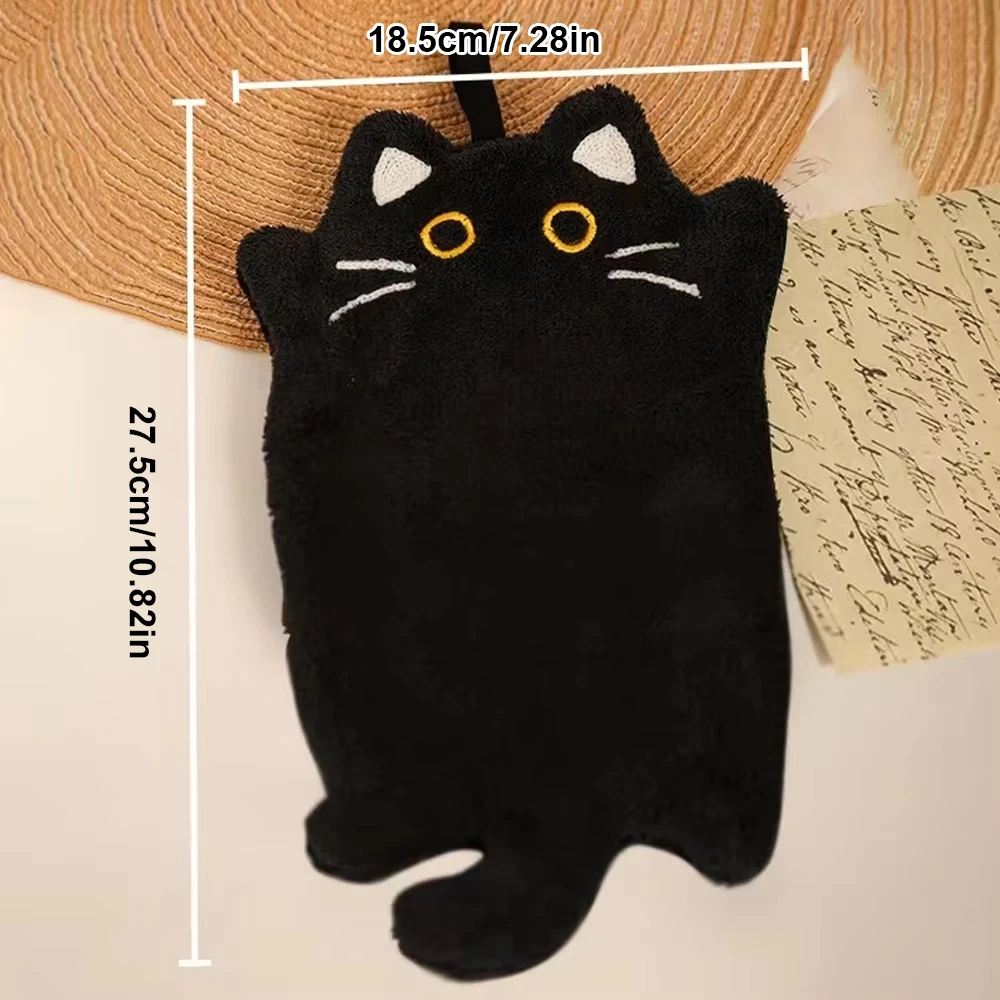 1-Piece Wall-Mounted Black Cat Hand Towel, Kitchen Heat-Resistant Mat, Thick Absorbent Coral Fleece Cleaning Cloth and Hand Towel
