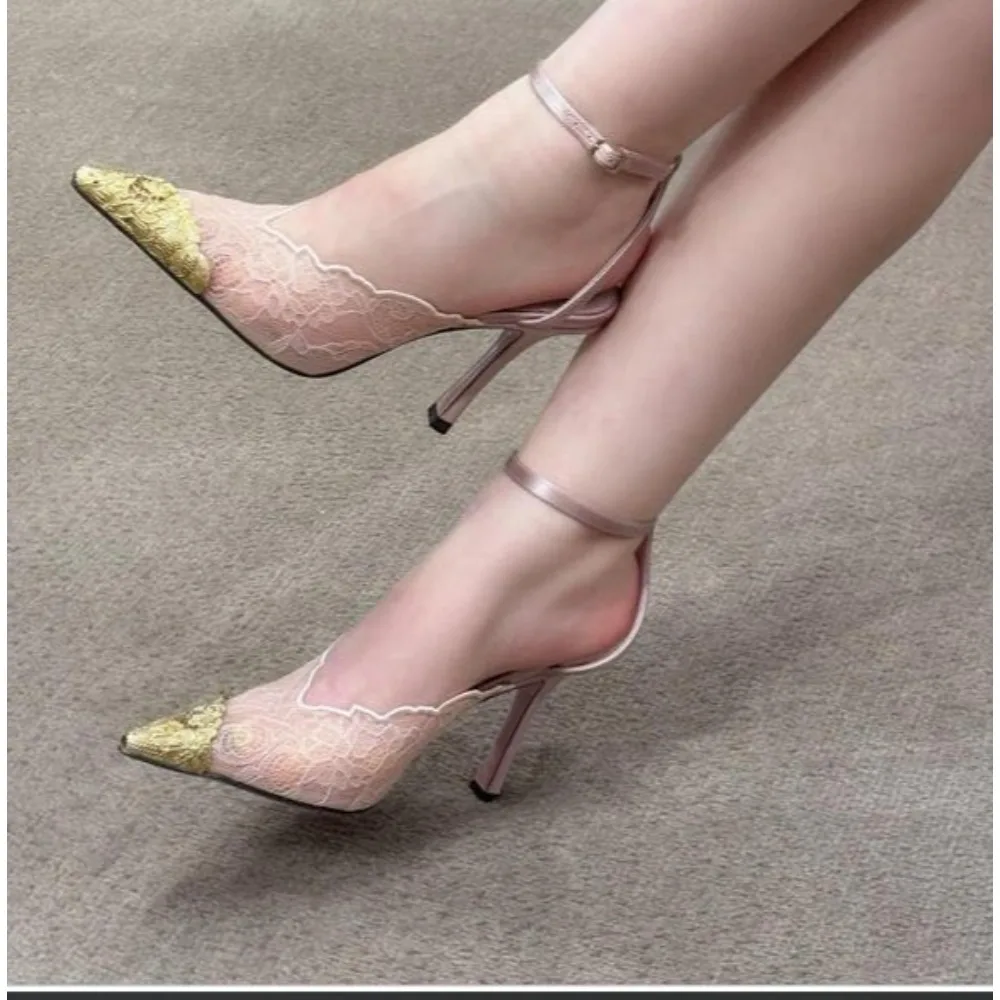 2026 Fashion Designer Lace Gold Color Blocking Hollow Out Women's High Heels Pointed Stilettos Show The Instep Elegant Shoes