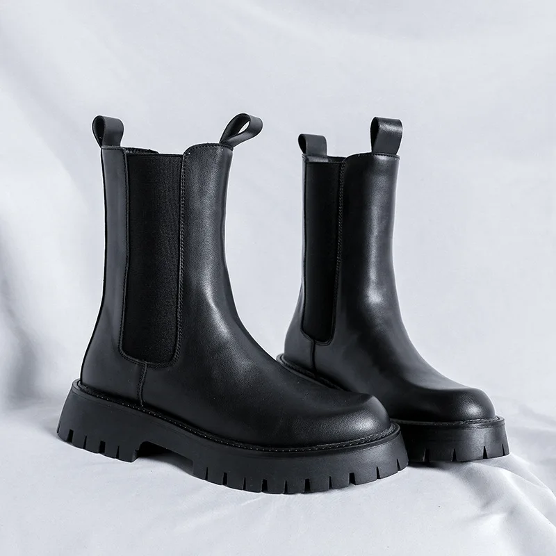 

Мужские модные высокие мотоциклетные ботинки без шнуровки, обувь из натуральной кожи, ковбойские ботинки на платформе, осенне-зимние высокие ботинки «Челси»