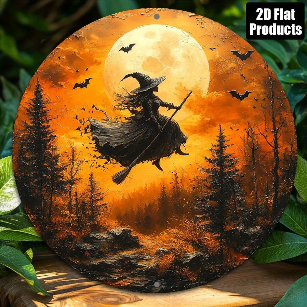2D-Flachmetallschild mit Hexenmotiv – 1 Stück 20,3 x 20,3 cm rundes Aluminiumdekor, Halloween-Dekor für Café, Zuhause, Zimmer, ideales Weihnachtsgeschenk
