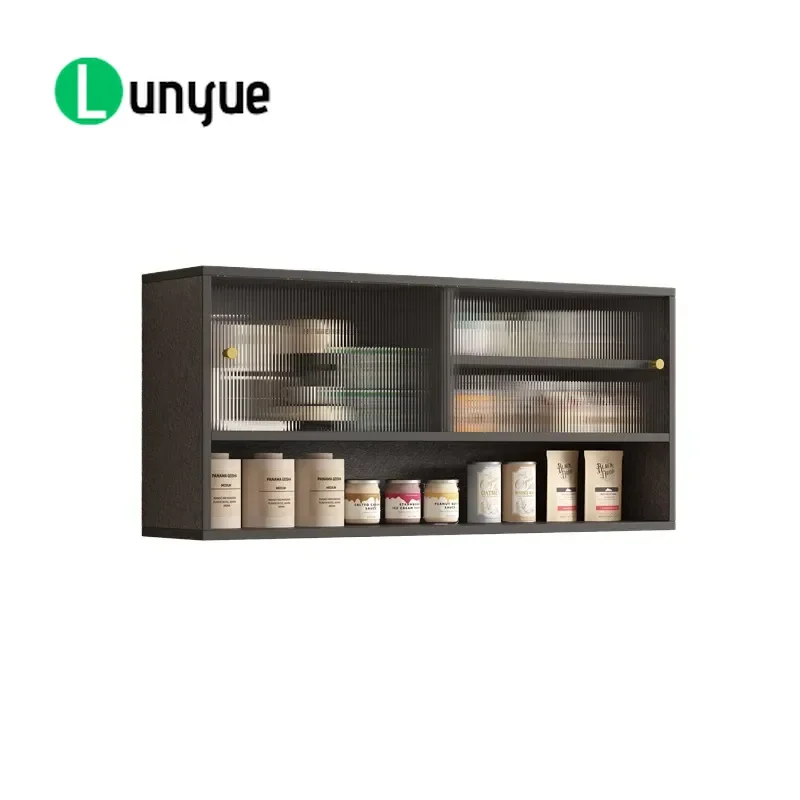 Solid Wood Wall Hanging Cabinet with Glass Sliding Door Dining Room Kitchen Storage Bookcase Closet Wall Mounted Shelf Home