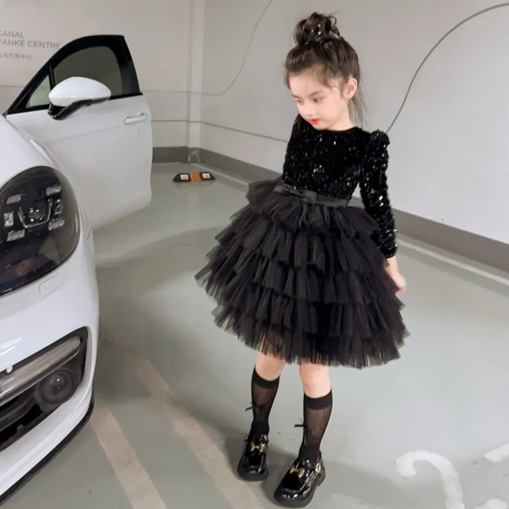 Childrens Dress Autumn and Winter New Hepburn Style Black Sequined Fluffy Birthday Cake Dress Kids Clothes