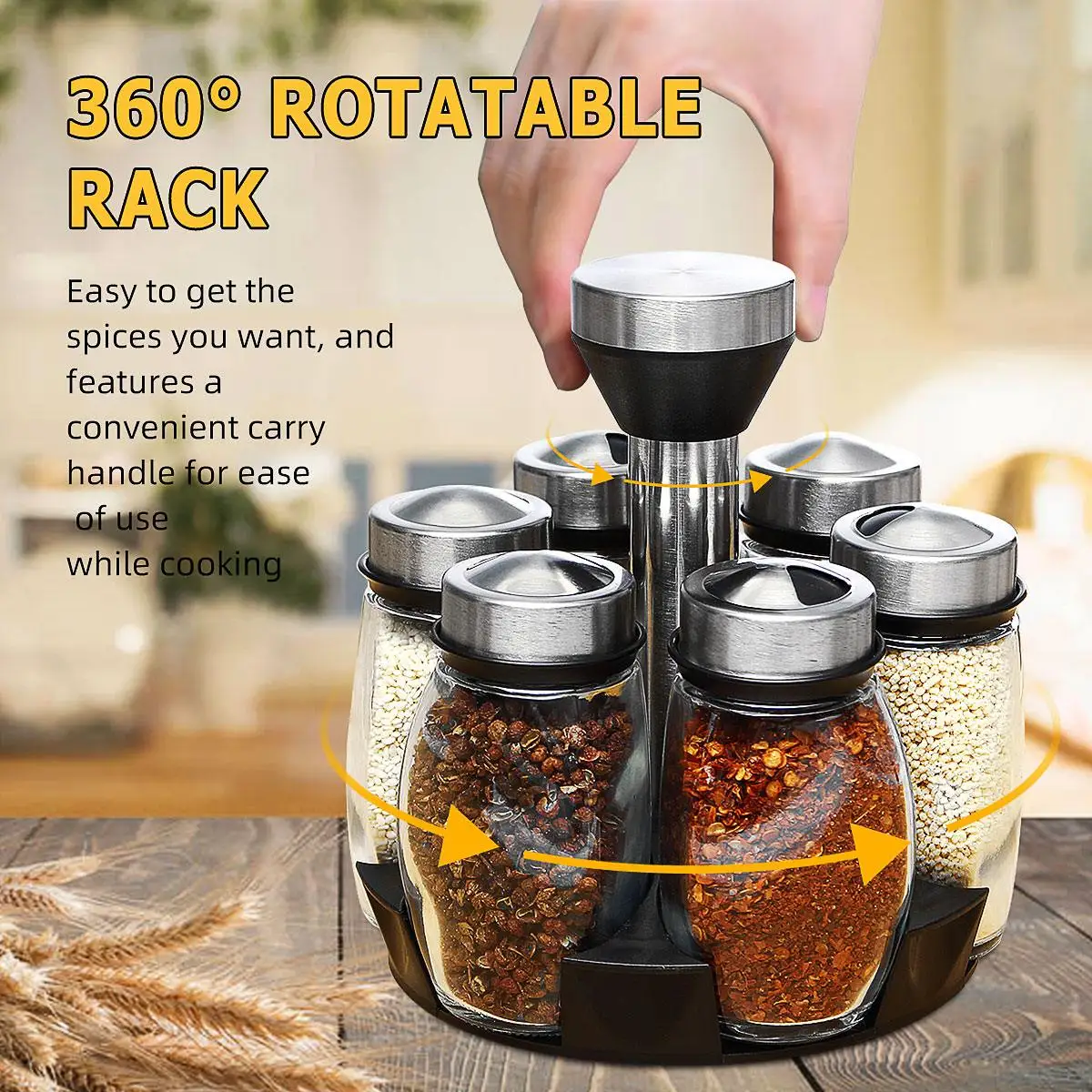 6 Bottles Rotating Spice Rack Seasoning Storage Stand Holder Pepper Salt Shakers Kitchen Organizer Shelf Condiment Sprays Box