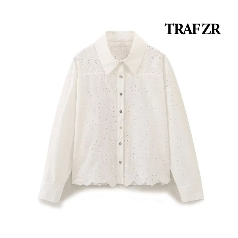 TRAF ZR Blouse Summer 2024 Women\'s Long Sleeve Shirt Embroidery Blouse Vintage White Korean Style Harajuku Fashion Shirts