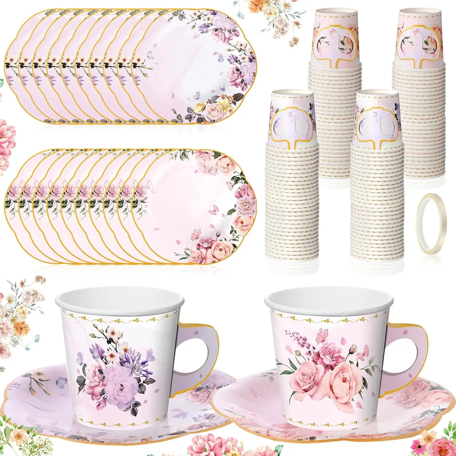 

60 Set Tea Party Supplies Disposable Floral Paper Tea Cups with Handle and Plates Elegant Blossom Teacups and Saucers Se