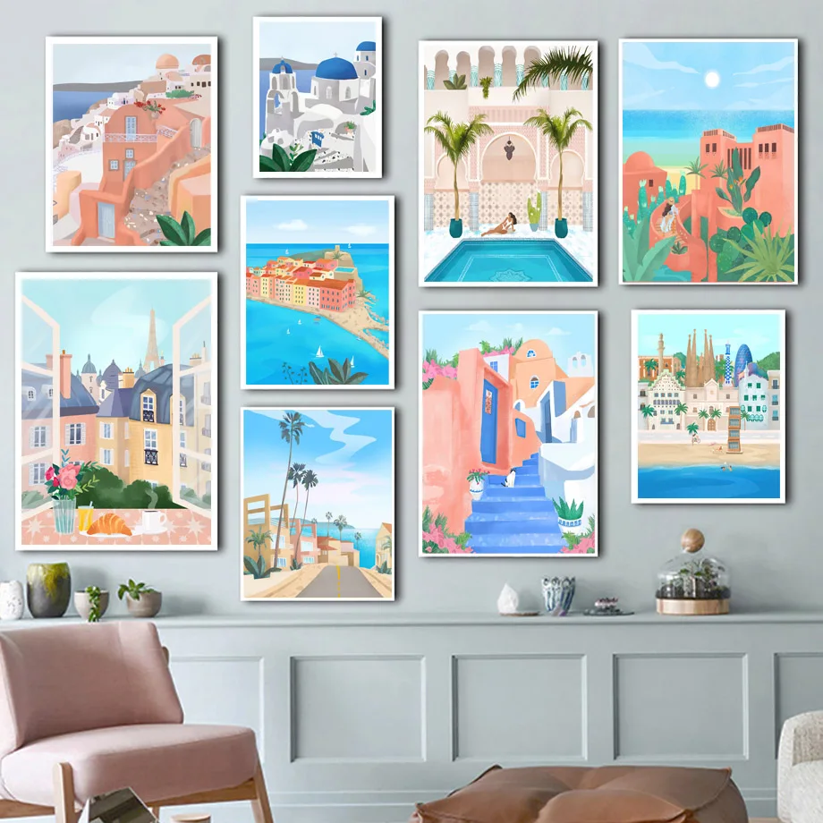 Aegean Morocco Canvas Painting Girl Travel Landscape Poster Wall Art Blue Sea Coconut Tree Prints Living Room Home Decor Cuadros