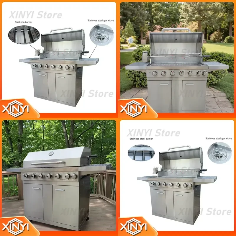 6 Burner Portable Gas Grill for Outdoor Party Camping High Quality Steel Wheel Enamel Grill for Campground