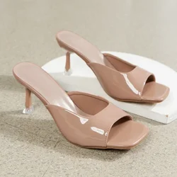 High Women's Sandals 2025 Thin Heel Summer Outdoor Slippers Women's Plus Size 42 Black WHite Square Toe Slippers