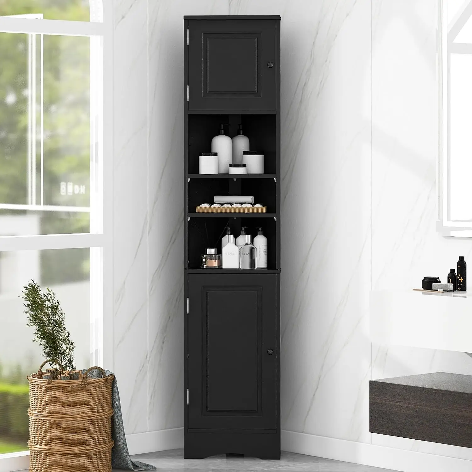 Tall Corner Bathroom Cabinet with 2 Doors Adjustable & Open Shelves Multi-Functional Storage, Black, Customized