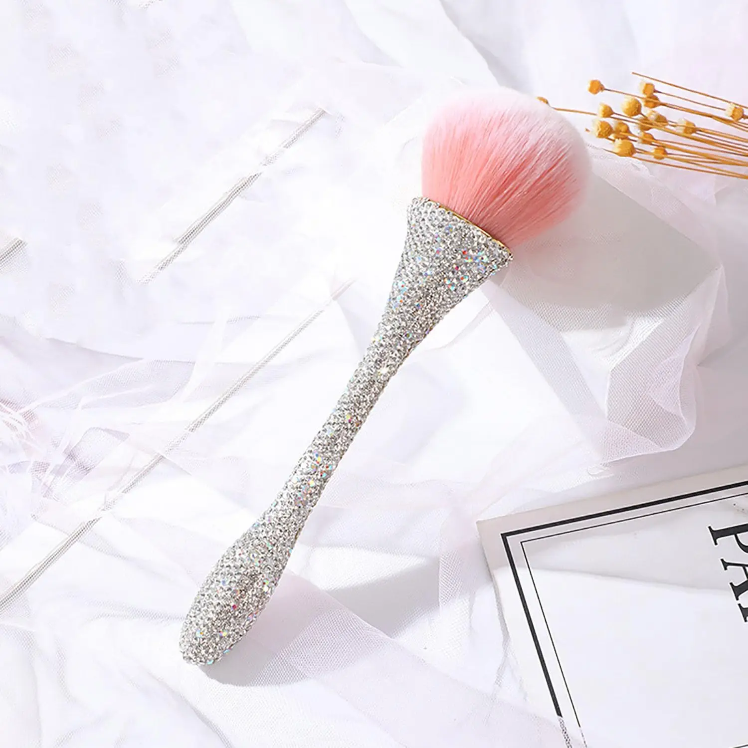 Multi-color diamond encrusted nail dusting brush, acrylic nail powder removal tool brush for nail salon or home daily makeup.