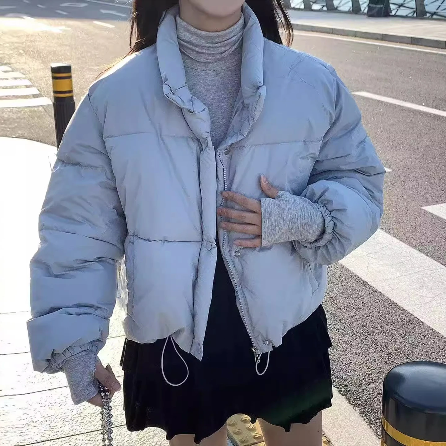 

Дамы Thiened ort Хлопок Jaet Воротник-стойка Dstring Bread Sle Зима Новое поступление Корейский свободный крой Длинная молния све