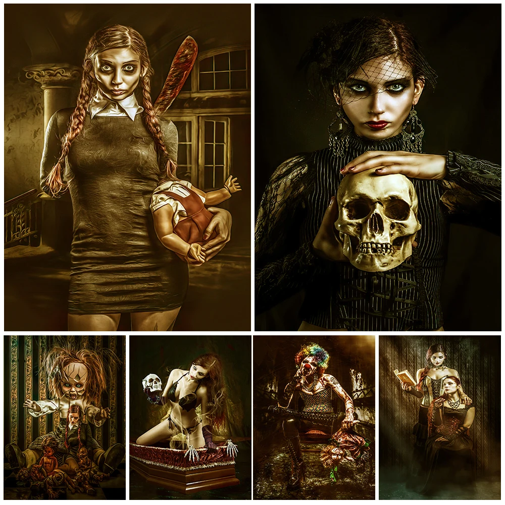 

Gothic Black Metal Girl And Horror Clown Vintage Wall Art Canvas Painting Victorian Witch Of Death Poster And Print Home Decor