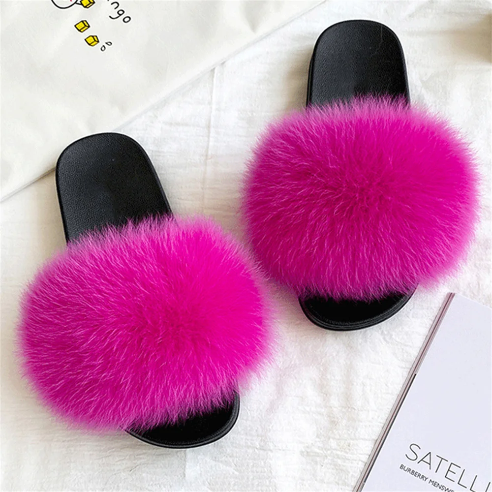 

2026 Women Summer Fluffy Slippers Outdoor Flat Designer Shoes Women Sandals Beach Slippers Real Fox Fur Furry Slides Fur Sandals