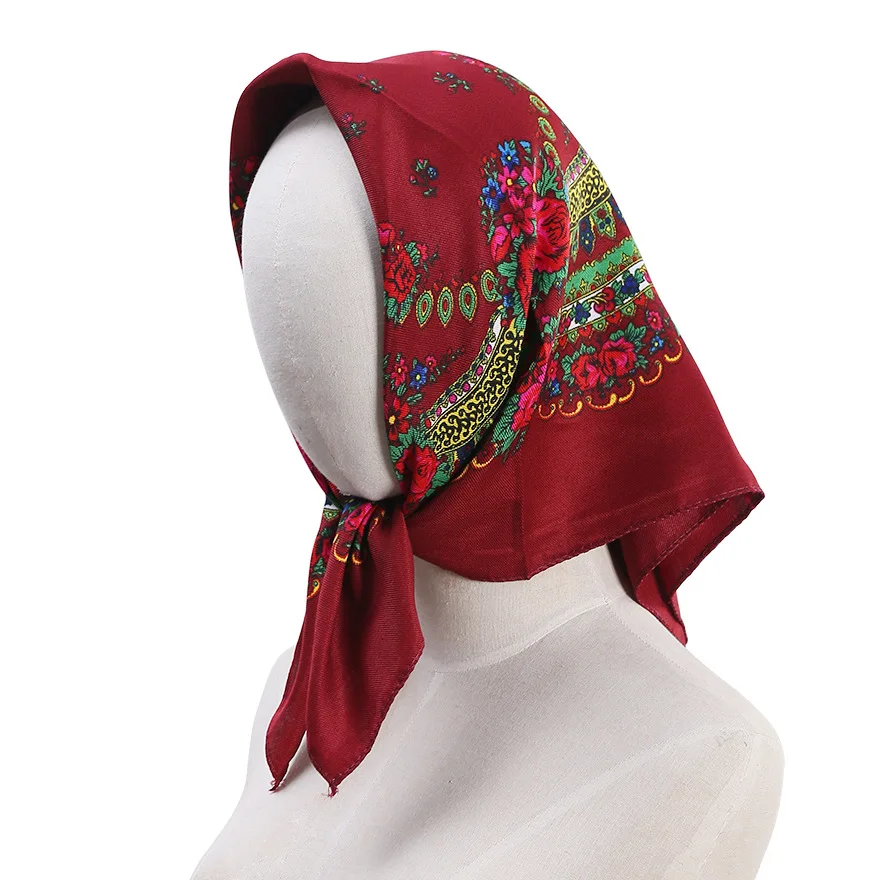 70*70cm Luxury Floral Russian Square Scarf Women Head Hair Bandana Babushka Handkerchief Ukrainian Shawl Headband Scarves