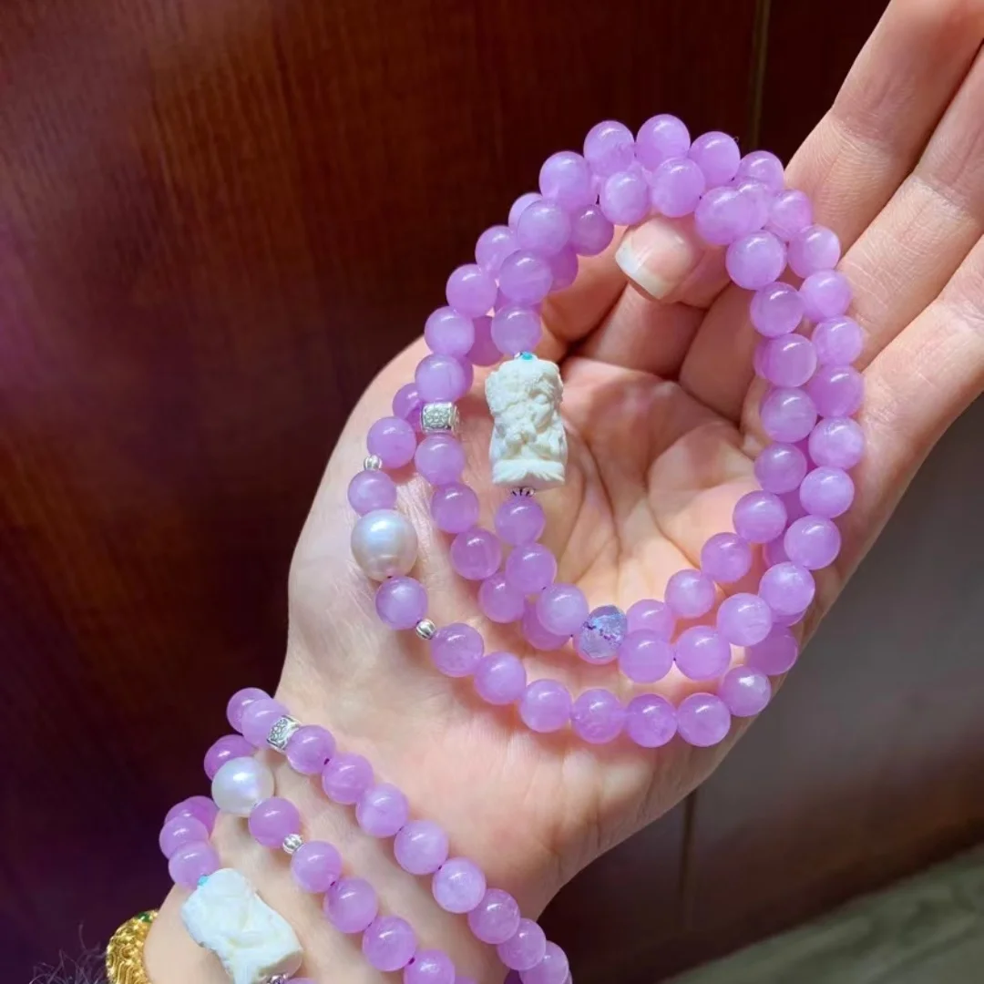 Natural Purple Kunzite 3 Laps Beads Bracelet Pendant 7.2mm Cat Eye  For Women Men Purple Kunzite Bracelet AAAAAA