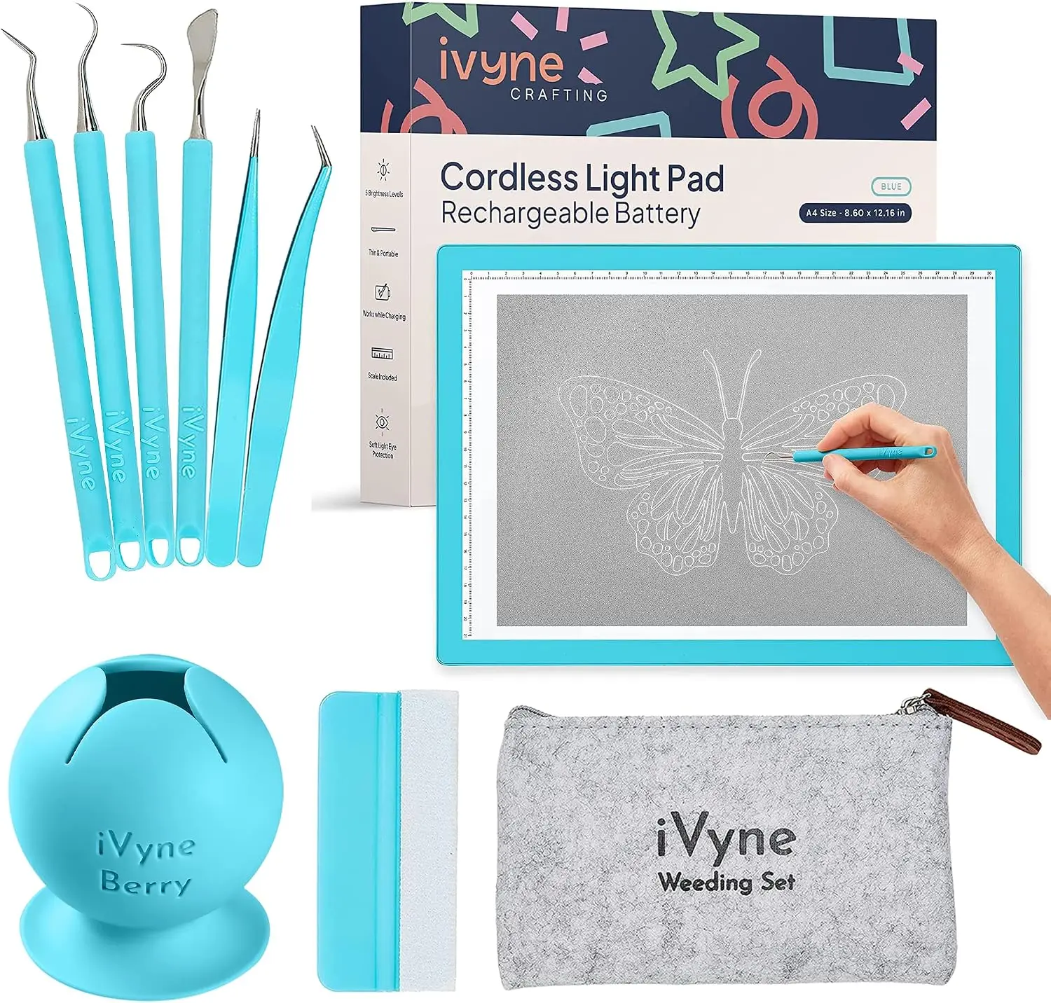 Complete Set Rechargeable A4 Light Pad, Weeding Tools for Vinyl, Weeding Scrap Collector for Cricut and Silhouette Machines for Weeding, Tracing, Drawing Projects - Blue