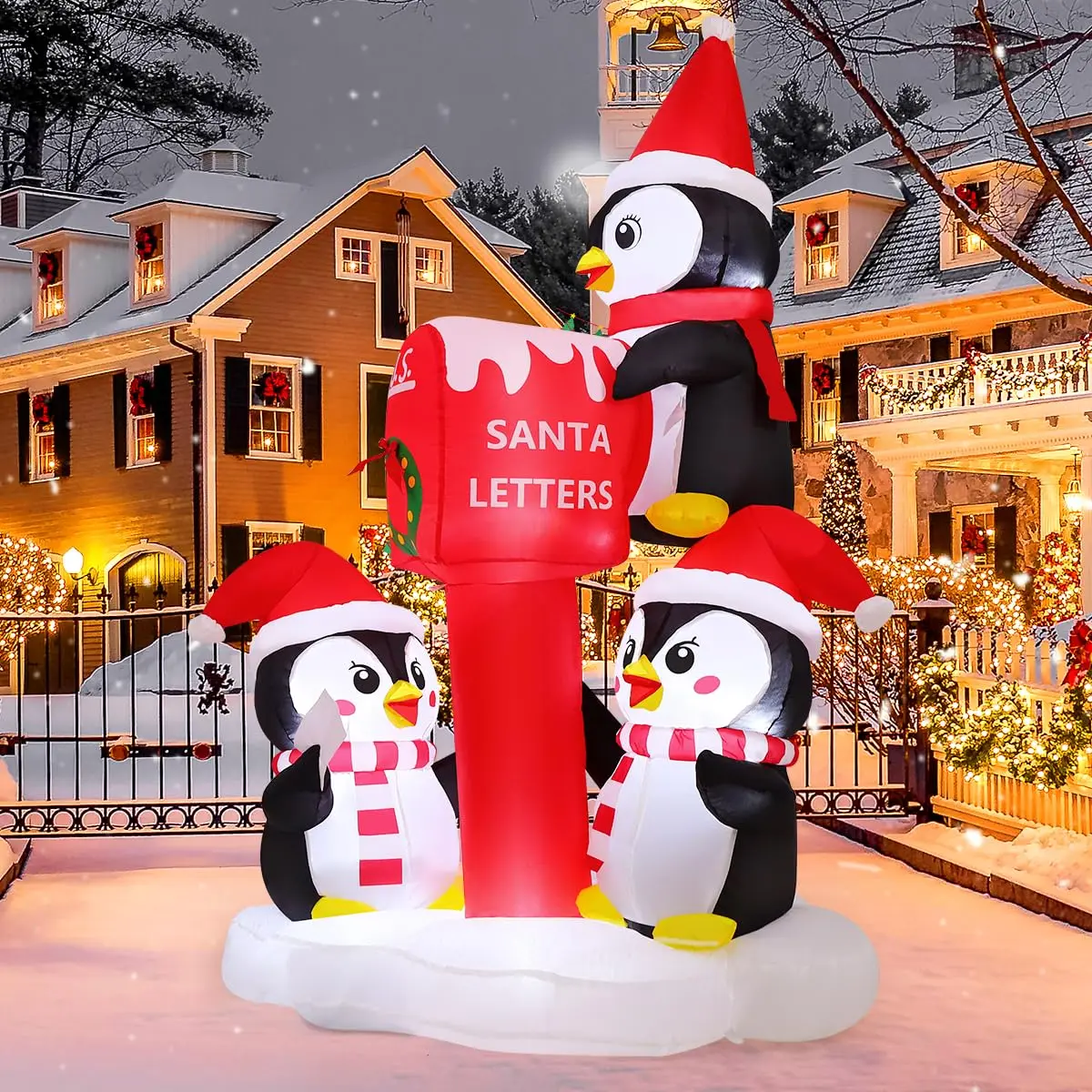 6.5 FT Hot Sale Christmas Inflatable Penguin LED Lights Penguin Blow up with Santa Letter Box Outdoor Christmas Decorations