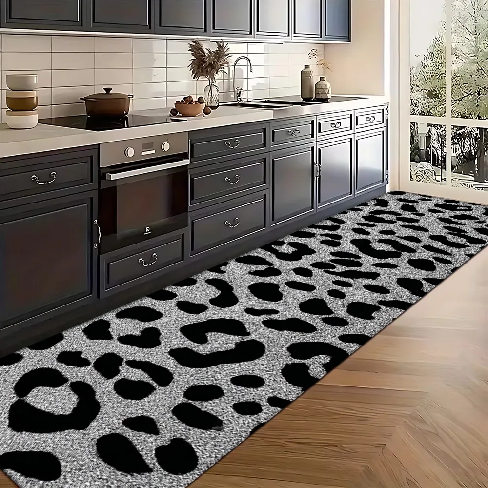 Modern Grey Leopard Print Kitchen Runner Rug, Classic Animal Print Non-Slip Absorbent Floor Mat for Entryway Bathroom Hallway