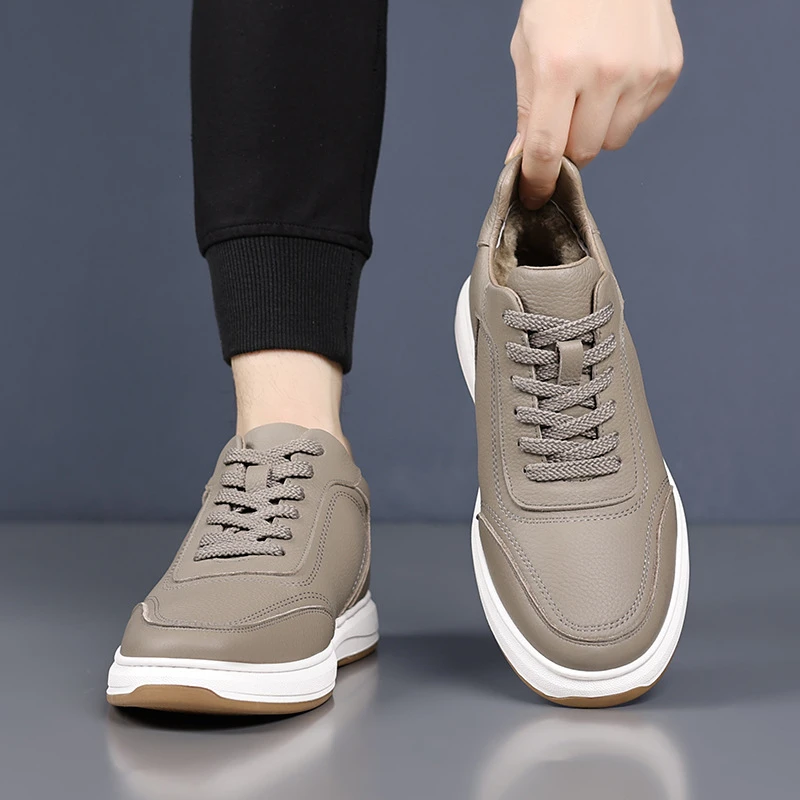 

Mens Taupe Genuine Leather Mid Top Sneakers Lace Up Comfortable Casual Shoes For Business Daily Street Style Casual Versatile