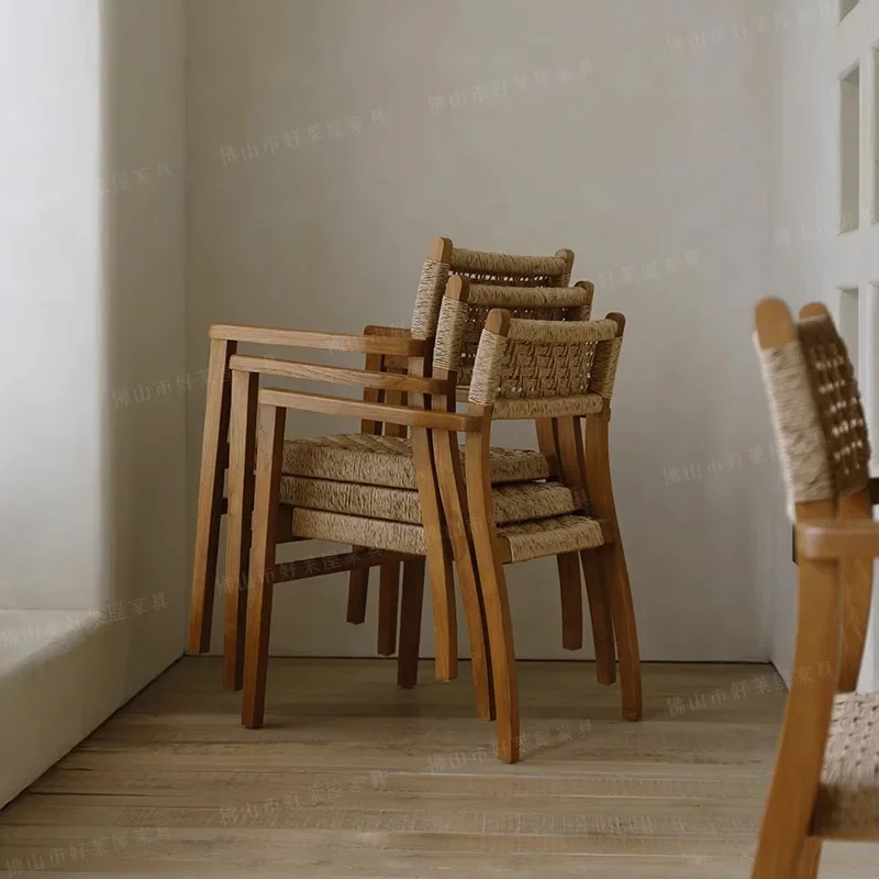 Dining Chair Outdoor Chair Woven Rattan Chair Solid Wood with Armrests Household Backrest Hotel Leisure Dining