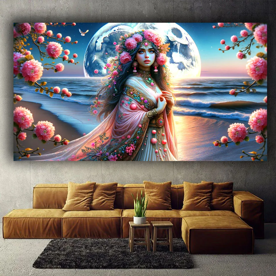 5D DIY Diamond Painting girl by the moonlit seashore Full Square Round Diamond Mosaic Embroidery For Living Room Wall Decor