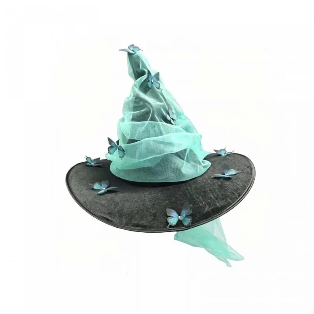 Pleated Halloween Party Butterfly Witch Durable Mesh Yarn Wizard Cap Tall Pointed Cone Top Gothic Cosplay Dress Up Hat