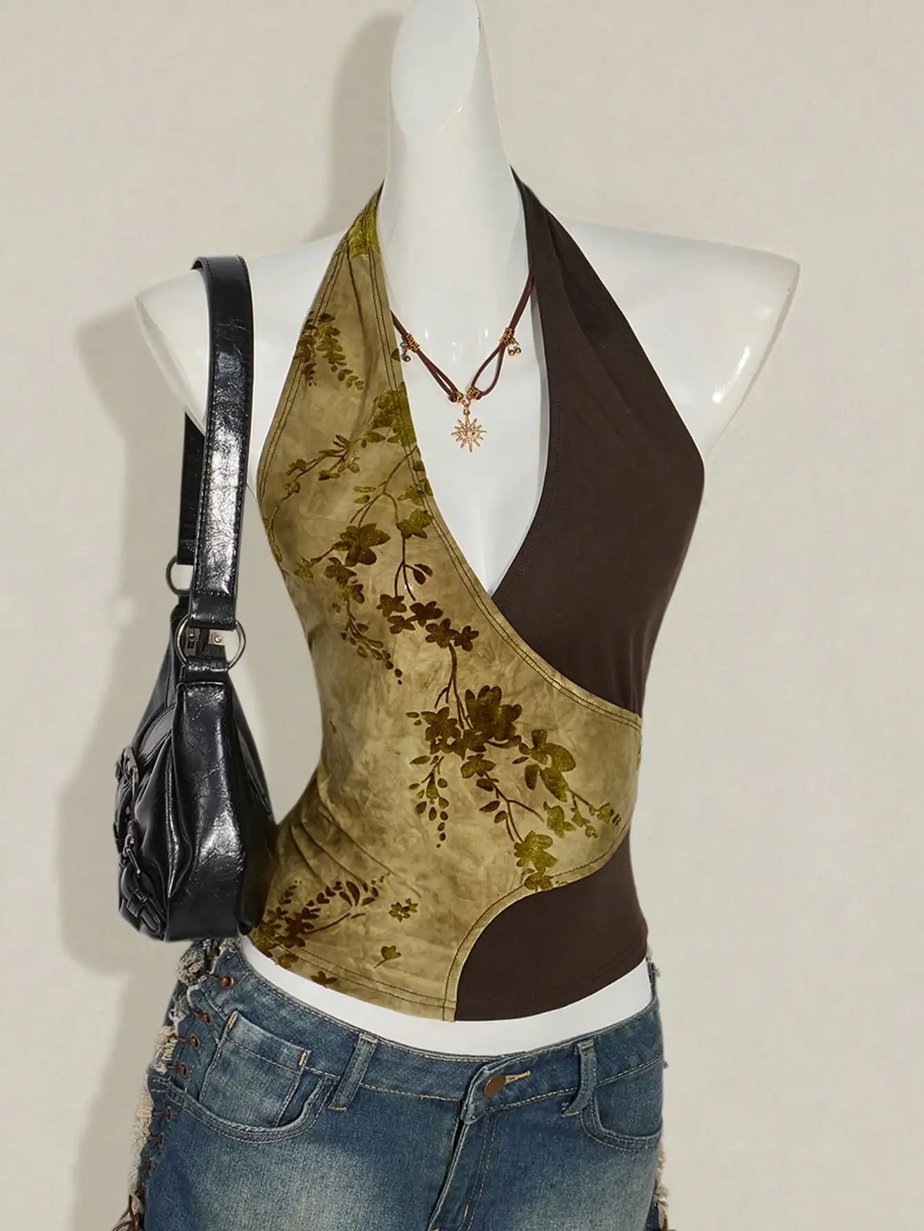 Vintage Burnout Pattern Halter Top, V-Neck Backless Strap Back, Sexy Brown Summer Holiday Tank Top for Women