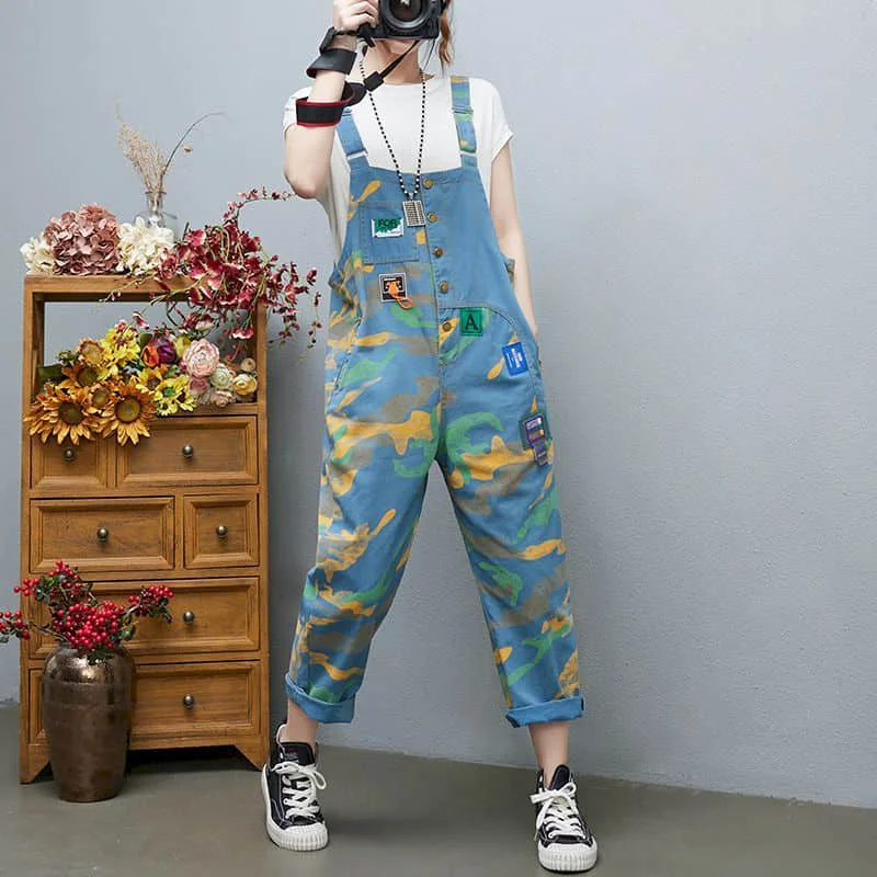 Denim Jumpsuits for Women Camouflage Ankle-Length Pants One Piece Outfit Women Rompes Loose Korean Style Casual Vintage Overalls