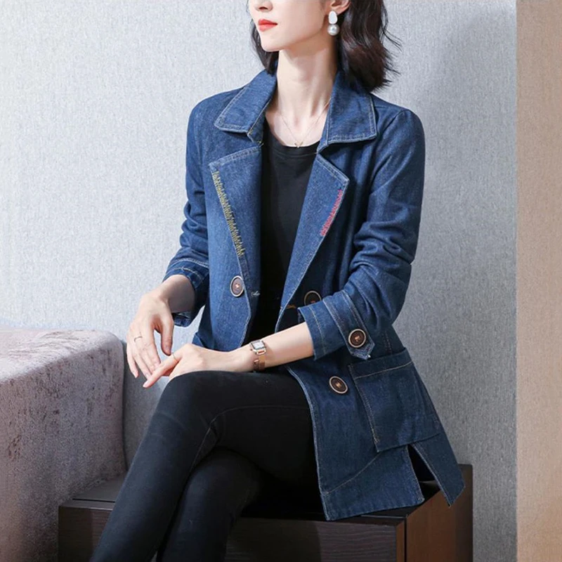 Denim Jacket Coat Women Double Breasted Full Sleeves Vintage Windbreaker Female Long Jean Jacket Outerwear Tops NewSpring Autumn