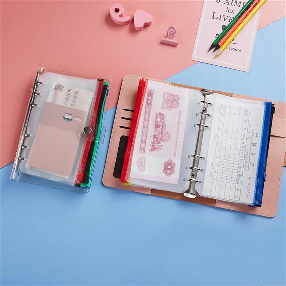 A5/A6 Binder Zipper Folders File Storage Organizer Frosted PVC Colorful Zipper Bag 6 Ring Waterproof Notebook Binder Pockets